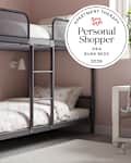 Ikea bunk bed in child's room with personal shopper seal to the right.