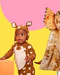 3 kids' halloween costumes on a colorful background