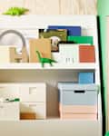 Colorful bookshelf display using IKEA Bergig shelves with IKEA Bookshelves Personal Shopper seal on left.