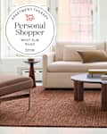 Living room with West Elm furniture and rug with personal shopper seal in upper left