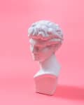 White marble bust of a classical figure on a pink background.