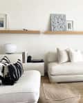 Modern living room with white sofas, black and white pillows, wooden shelves, abstract art, and a large green plant.