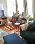 Cozy living room with green armchair, colorful rug, bookshelf, and plants by a large window.