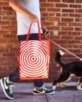 Man walking a dog on a leash, holding a red and white spiral-patterned shopping bag against a brick wall.