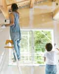 2 people, one on a ladder, painting the walls of a house white. The ceiling is exposed wood. There is a window letting in daylight and trees are outside