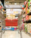 Products on shelves of supermarket