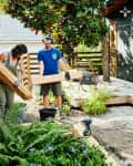 Couple carrying lumber to build raised garden beds in backyard