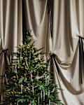 Decorated Christmas tree against Theatrical silver velvet curtain.