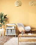 Cozy Scandinavian butter yellow Living Room With Turntable and Bookshelves.