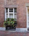 Red front door with brass knocker, flanked by white shutters, brick wall, and potted plants.