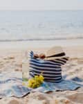 Picnic background with bag, grape and white wine on the beach by blue sea
