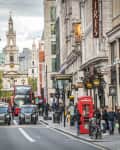 LONDON- OCTOBER, 2018: Busy London street scene on The Strand, a major London road between Fleet Street and Trafalgar Square