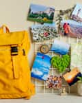 Travel hipster mood board with printed photographs, map, compass, green moss heart and hat on the wall near backpack and succulent on the table.