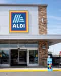 Delano, CA, USA - Mar 26, 2022: Exterior view of an Aldi grocery store in Delano, California. Aldi is the common brand of two German family-owned multinational discount supermarket chains.