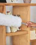 Cleaner woman, duster and home with shelf, wood or display to remove dust, dirt or clean living room. Cleaning expert, house worker or housekeeping in apartment, room or lounge in hospitality service