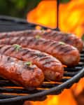 Hot sausage with spices on grill with fire in summer in garden