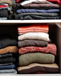Open wardrobe/closet with lots of folded clothes, sweaters
