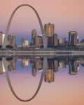 Sunrise reflection of the St Louis skyline along the Mississippi River