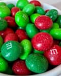 bowl of red and green holiday mint M&Ms