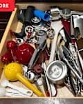 Kitchen utensil drawer before, during, and after pro organizer's advice.