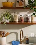 Kitchen scene featuring wooden shelves with jars of grains, a yellow pot, and plants above a sink with utensils and dishware.