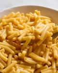Creamy macaroni and cheese in a white bowl with a fork, featuring short elbow pasta coated in cheese sauce.