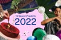 Collage with a book, chocolate cake, woman, large leaf, and colorful gems, featuring "Pinterest Predicts 2022" text.