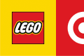 LEGO logo on yellow background next to Target logo on red background.