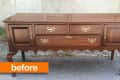 Wooden sideboard with ornate brass handles and cabriole legs, labeled "before."
