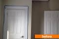 White interior doors with blue painter's tape on trim, labeled "before."