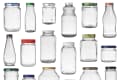 Various empty glass jars with different shapes and colored lids arranged in rows.