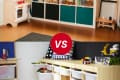 Two playroom setups compared: one with a toy kitchen and cubby shelves, the other with wooden storage bins and toy vehicles.