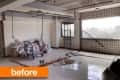 Unfinished room with exposed beams, debris, and a large window, labeled "before" in orange.