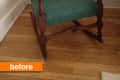 Green upholstered wooden armchair on hardwood floor labeled "before."