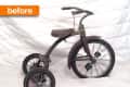 Rusty vintage tricycle with three wheels and a brown seat, labeled "before" in orange.