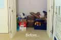 Open closet with cluttered items, including boxes, bags, and toys, labeled "Before."