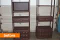 Two brown wooden shelving units with cabinets and drawers in a garage, labeled "before" in orange.