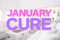 Living room with white sofas and coffee table, overlaid with "January Cure" in bold pink and purple text.