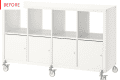 White storage unit with four open shelves and four cabinets on wheels, labeled "Before" in red text.