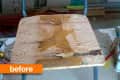 Worn wooden chair with metal frame in a cluttered workshop, labeled "before."