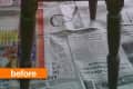Wooden table on newspapers, labeled "before," indicating a restoration project.