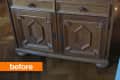 Wooden secretary desk with ornate geometric carvings and two drawers, labeled "before" in orange text.