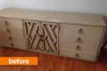 Beige wooden sideboard with six drawers and geometric patterned doors, labeled "before" in orange.