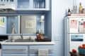 Blue kitchen with a sink, stove, and fridge. Countertop has a fruit basket. Art and photos decorate the walls and fridge.