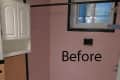 Small bathroom with pink tiles, white toilet, and cabinet, labeled "Before."