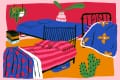 Colorful bedroom illustration with two beds, vibrant bedding, hanging plant, books, and cactus decor.