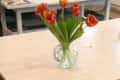 Vase with orange tulips on a light wood table, next to a matching stool.