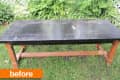Worn black wooden table with brown legs on grass, labeled "before."