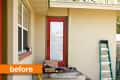 Red door entrance with tools and a ladder on a small porch, labeled "before."