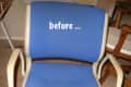 Blue office chair with beige armrests and "before" text on the backrest.